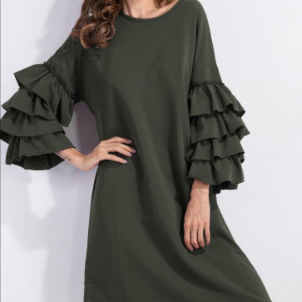 Tiered Frill Sleeve Tunic Dress in Olive